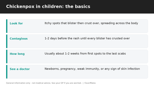 Chickenpox fast facts for parents — what to look for, contagious period, how long and when to see a doctor — FeverMates